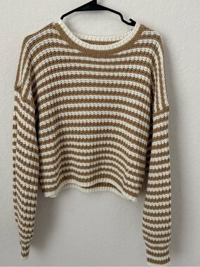 Derek Heart Striped Crewneck Sweater - Cream and Tan, Size XL
